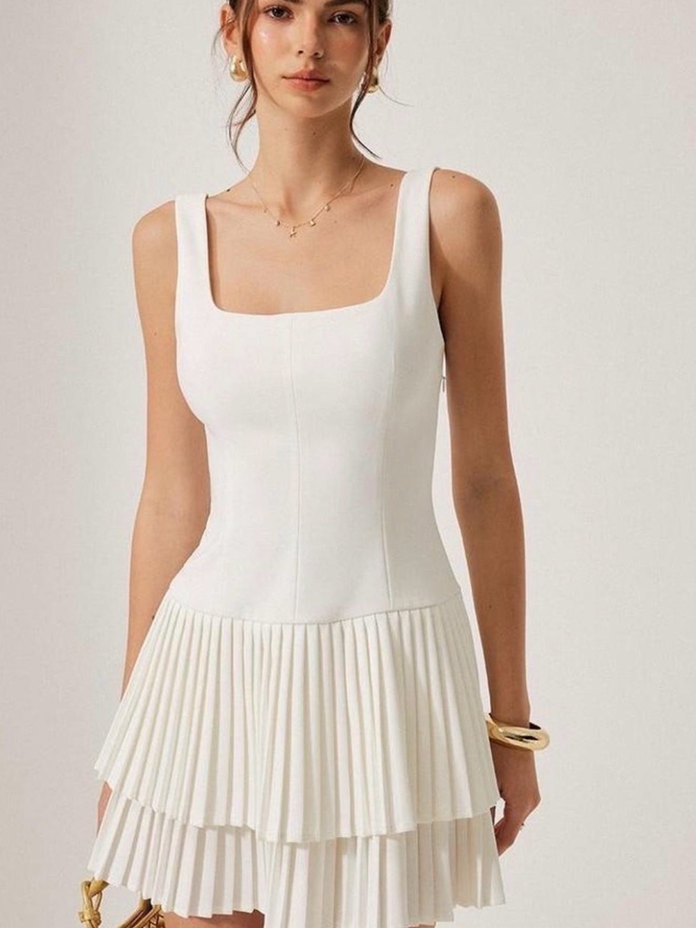 Commense White Square-Neck Pleated Tiered Mini $45 size large nwt